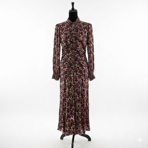 ME+EM Shadow Floral Ruched Maxi Dress Brown Pink Viscose Size US 10 UK 14